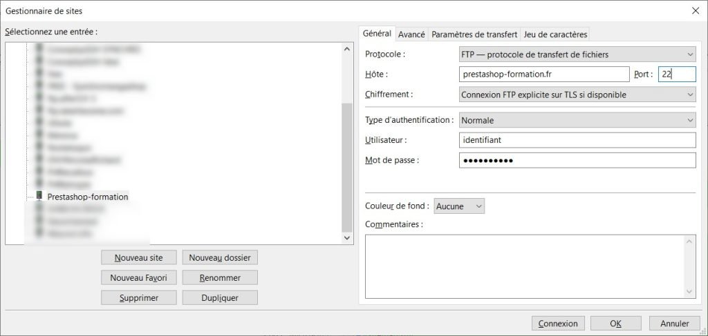 Filezilla site config